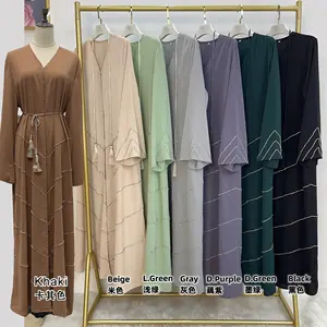 Wholesale Turkey Modest Dubai EID Robe Sale Abaya Online Solid Color Luxury Abaya Women Muslim Dress Diamond Open Abaya