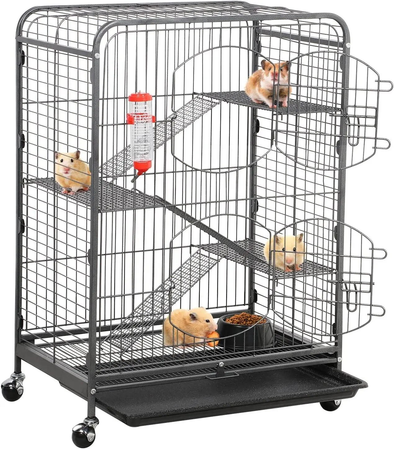 37-inch Metal Ferret Chinchilla Cage Indoor Outdoor Small Animals Hutch for Squirrel w/ 2 Front Doors/Feeder/Wheels Ramp Tray
