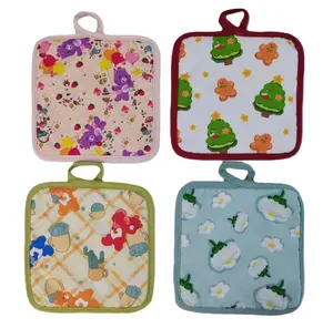 Eco-Friendly Cotton Oven Mitts And Pot Holder Custom Print Square Christmas Flower Pot Holder
