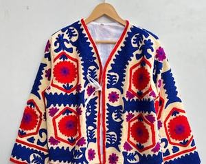 Autumn Elegant New Arrival Suzani Embroidery <b>White</b> <b>Jacket</b> Floral Designed Round Neck <b>Short</b> Tweed <b>Jacket</b> Printed Fabric Fashion - Product Image 1