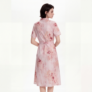 Pink Floral Print Natural Woven Breathable Casual Dress Shawl Collar Button Front Belted Midi Short Sleeve Women Dress - Product Image 5