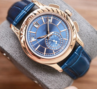 Montre pour homme, cadran multicolore, boîtier en or rose, fonction chronomètre, affichage de la date, bracelet en cuir de crocodile