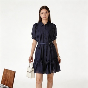 Abito chemisier blu navy da donna con cintura, maniche a sbuffo, pieghe frontali e orlo arricciato, elegante mini abito da ufficio - Product Image 2