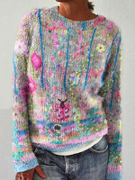 Pull pour femme imprimé en 3D, pull à col rond, haut léger en tricot à manches longues décontracté