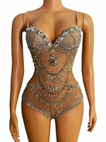Combinaison courte sexy en maille transparente ornée de cristaux, tenue de clubbing, justaucorps de danse exotique, body à strass pour femme