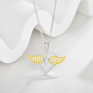 Cute Female S925 Silver Jewelry Zircon Elegant Minimalist Love Heart Angel Wings Necklace For Women