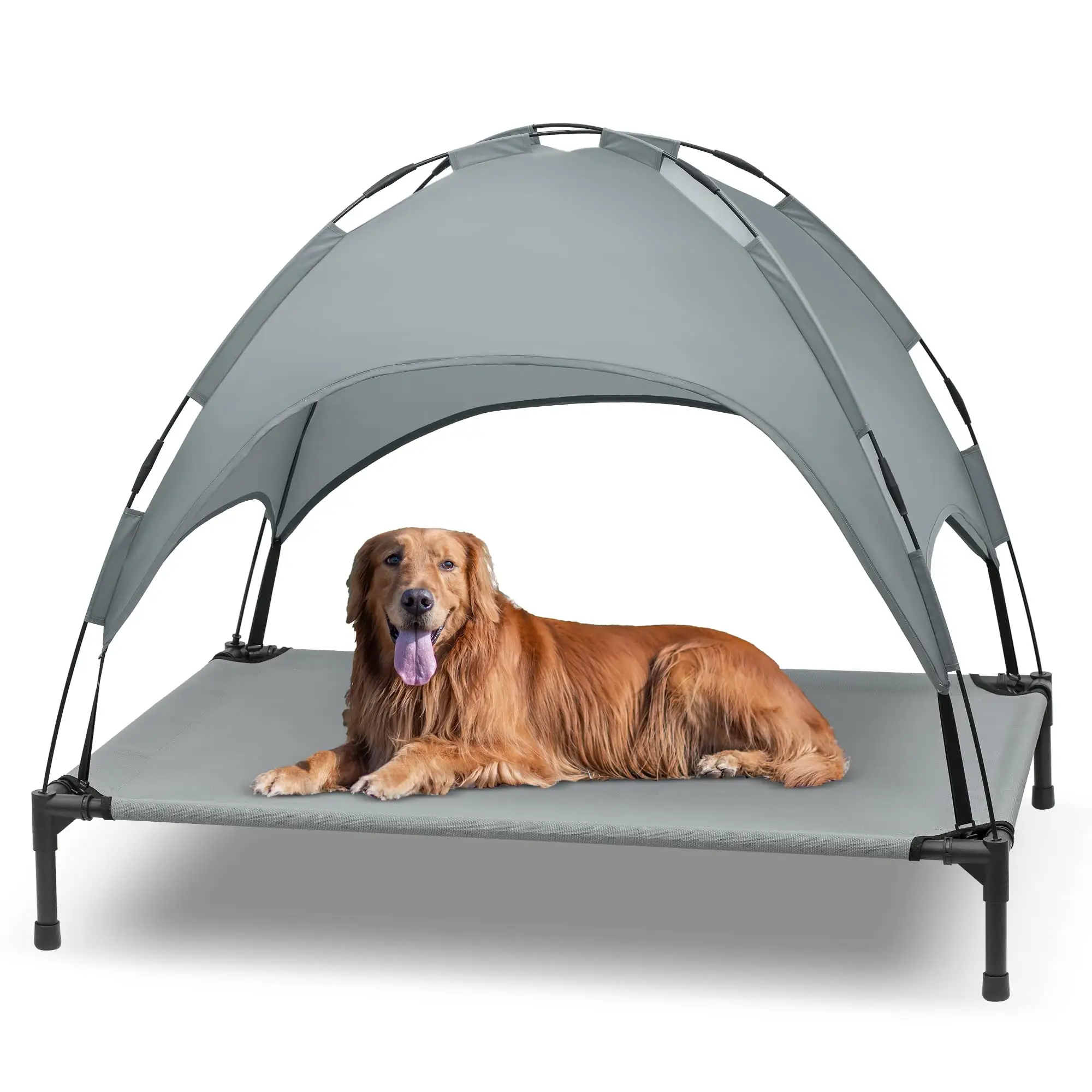 سرير كلب مرتفع 42 بوصة سرير كلب للأماكن الخارجية مع مظلة قابلة للإزالة مهد حيوان أليف محمول مرتفع من Petdom