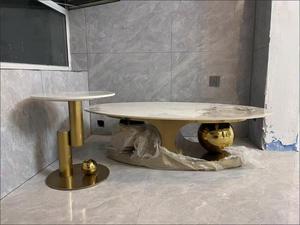 Bộ bàn trà trung tâm hiện đại mạ vàng thép không gỉ, mặt bàn đá sintered tròn sang trọng - Product Image 6