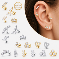 Vente en gros de bijoux de piercing en titane de qualité implant ASTM F136, clou labret à filetage interne pour tragus, cartilage, hélix, avec zircon