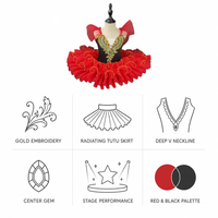 Robe de danse tutu rouge et noire à sequins, broderie dorée, corsage en V profond, jupe en tulle éclatante, costume de film/télévision
