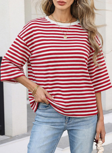 Camiseta de Punto a Rayas para Mujer, Hombros Caídos, Manga Tres Cuartos, Cuello Redondo, Corte Holgado, Informal, para Primavera y Verano - Product Image 2