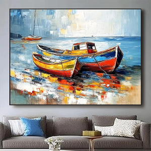 Impression faite à la main toile moderne 3D texturé mur Art abstrait paysage marin peintures de bateaux sur la plage - Product Image 3