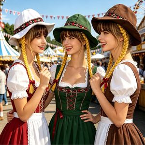 Oktoberfest Bavarian Dress Set with Braided Hat for Women Spring Autumn Festival Wear Broadcloth <b>Tie</b> Back Style Multi-color - Product Image 1