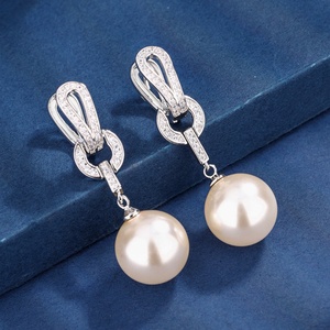 Fashion Jewelry Eco-friendly Copper <b>Silver</b> Plated 14mm Shell Pearl <b>Long</b> Drop <b>Earrings</b> for Women Refined Daily Wear - Product Image 5