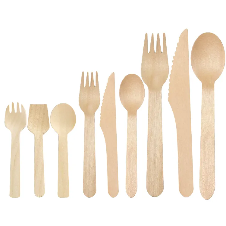 Disposable Wooden Cutlery Set Eco Friendly Biodegradable Wood Spoon Fork Knife Picnic Party Knives Fruit Forks Ice Cream Spoons