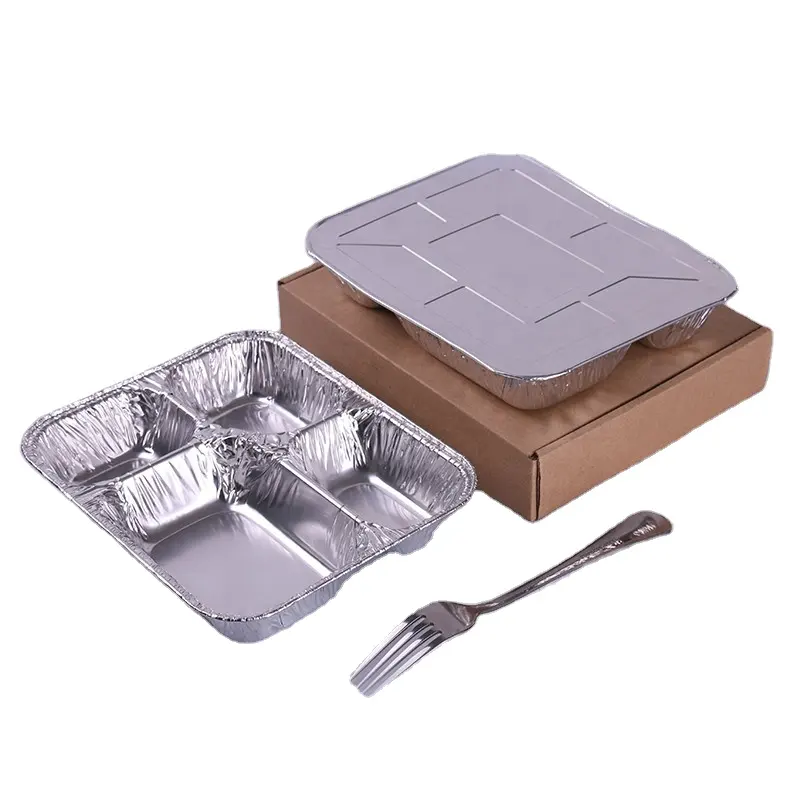 Compartimento desechable de aluminio para comida, contenedor de papel de aluminio para llevar comida con paquete de papel personalizado, 2, 3 y 4 compartimentos