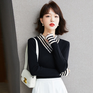 Pull pour femme, coupe ajustée, col en V, tricot fin, bordure à volants, vêtements d'automne et d'hiver - Product Image 3