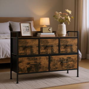 Cómoda con 5 cajones, estilo industrial, color marrón rústico, muebles de almacenamiento para dormitorio - Product Image 2