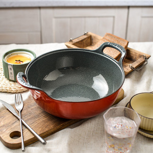 Juegos de <span class=keywords><strong>wok</strong></span> chino de alta calidad, utensilios de cocina redondos grandes de hierro fundido, cazuela holandesa esmaltada con cubierta de madera - Product Image 3