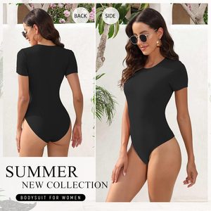 Body de manga corta con cuello redondo para mujer, estilo casual, elástico y tejido - Product Image 2