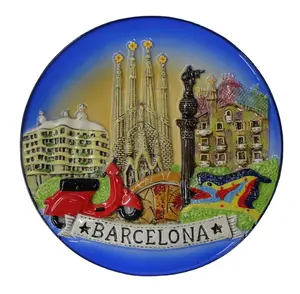 Piring Suvenir Keramik Kustom, Piring Makan Malam Porselen Barcelona Spanyol Dicat Tangan, Bulat