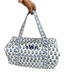Premium Cotton Travel <b>Bag</b>, Handmade Quilted Fabric Duffle <b>Bag</b>, Block Printed Overnight <b>Bags</b>, Hand Luggage <b>Bags</b> for Women - Product Image 1