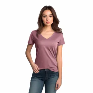 工厂促销高品质定制60棉40涤纶女式紫色v领t恤空白
