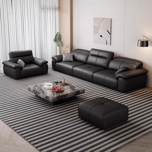 Black Genuine Leather Electric Sofa <b>Bed</b> Multifunctional Adjustable Straight Design For Italian Style Small Apartment Home - Product Image 3