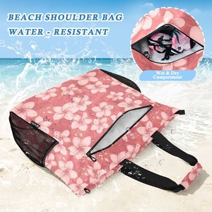 Bolso de playa grande 2 en 1 personalizado con estampado floral rosa, de poliéster, para mujer, con bolsillo frontal, cierre de cremallera y bolsillo de malla. - Product Image 5