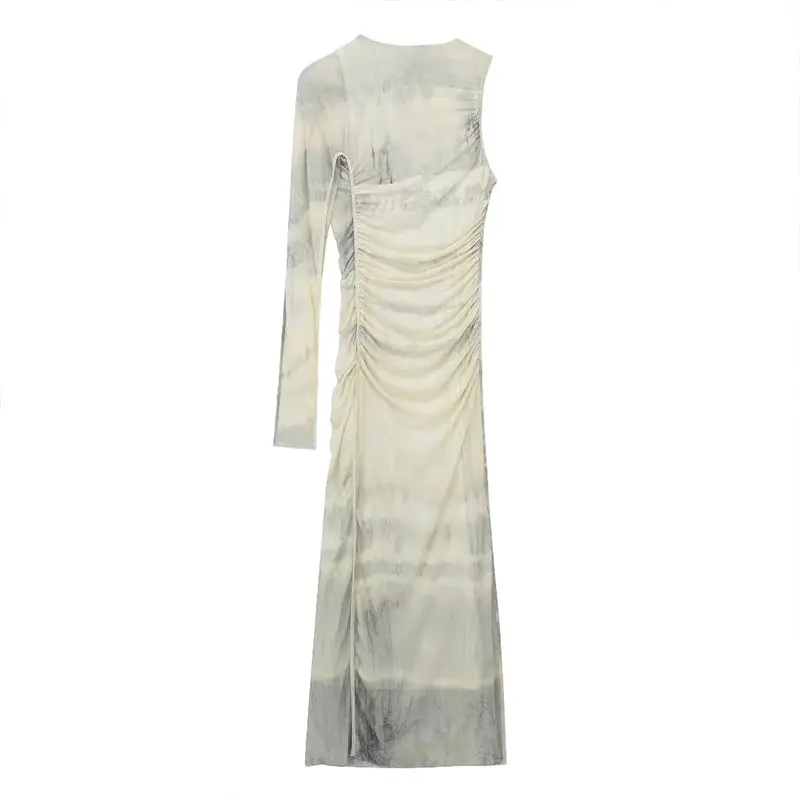 ZATRHMBM Women 2023 Spring Fashion Printed Tulle Asymmetric dress Vintage Long Sleeves Folds Female Dresses Vestidos Mujer