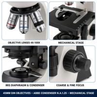 40X 1000X Digital Biological Microscope with 45mm DIN Objectives for Medical School and Laboratory Research