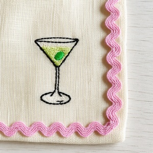 Serviette de cocktail et sous-verre en lin pur 100% brodés à la main avec motif monogramme personnalisé, bordure inspirée des fruits pour mariages - Product Image 2
