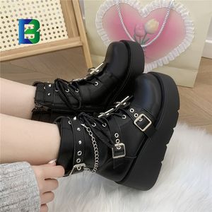 Barchon XY4335 bottes en cuir noir femmes chaussures métal Rivet croix Goth Punk Style femmes <span class=keywords><strong>botte</strong></span> <span class=keywords><strong>taille</strong></span> <span class=keywords><strong>43</strong></span> talons compensés plate-forme bottes - Product Image 5