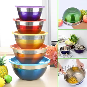 Desain baru kualitas tinggi warna segar bulat Salad makanan ringan mangkuk bersarang SS201 mangkuk campuran logam dengan tutup