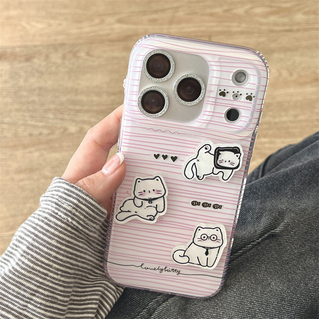 Cute 3D Cat Phone Case with Pink Lines Acrylic Double-Layer Shockproof for 17/16/15/14/13 Models for Women