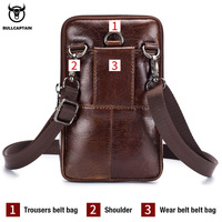 BULLCAPTAIN Sac banane décontracté en cuir véritable pour homme avec fermeture éclair, pochette pour téléphone avec logo tête de taureau en relief, étui pour téléphone
