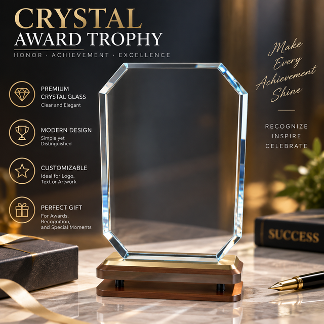 Custom Clear Crystal Award Trophy Plaque with Modern Metal Base Personalized Engraved Corporate Recognition Gift