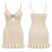 Robe de plage ajourée en maille pour femme, bretelles spaghetti, ornements coquillages, découpe frontale, ourlet à volants, mini-robe de vacances, cache-maillot de bain