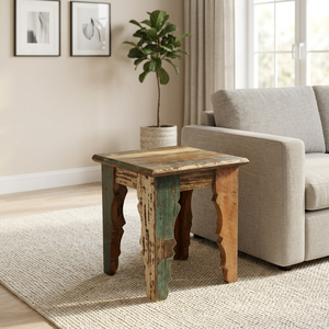 <b>Vintage</b> Recycled Wooden Square <b>Stool</b> Hand Carved Corner Table Lamp Stand Telephone Stand For Bedroom Living Room Hotel Room - Product Image 4