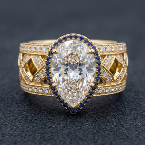 Pear Diamond Blue Halo Lattice Band Luxury 14K Yellow Gold IGI Certified Lab Grown Diamond Rhodium Plated <b>Statement</b> <b>Ring</b> OEM - Product Image 1