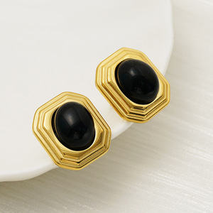 Geometric Stud Earrings Gold Black Stone Bezel Setting Party Fashion Jewelry Stainless Steel Octagonal Design - Product Image 2