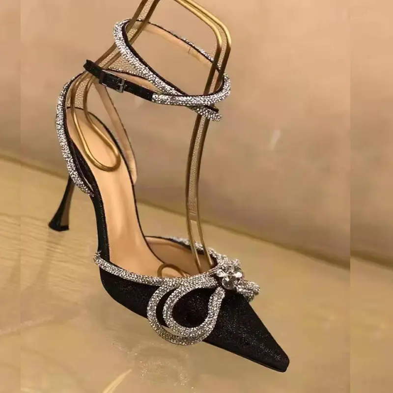 High quality luxury pointed toe rhinestone sandals fashion black stiletto high heels sandals women's shoes