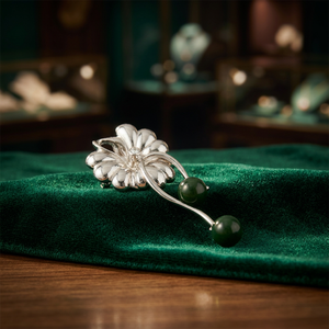 Flower Shape 925 <b>Silver</b> <b>Brooch</b> with Onyx Stones Classic Elegant Women's Jewelry Pin for Wedding Wear - Product Image 4