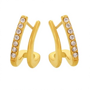 Pendientes de Aro Mini Curvos de Doble Capa con Diseño de C Doble, Chapados en Oro de 18K, de Acero Inoxidable, con Circonita Cúbica Pavimentada, Venta al por Mayor - Product Image 2