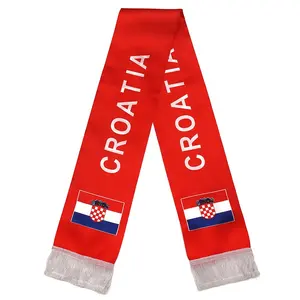 Factory Wholesale Polyester Material 15*130cm Football Fans Red Color Croatia Flag Scarf with White Tassel