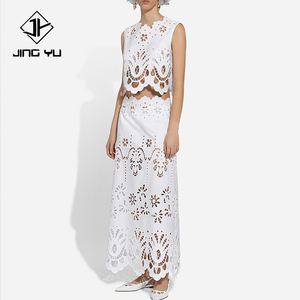 Vestido de verano elegante con bordado calado, cuello redondo holgado y falda, vestido de algodón con bordado personalizado. - Product Image 2