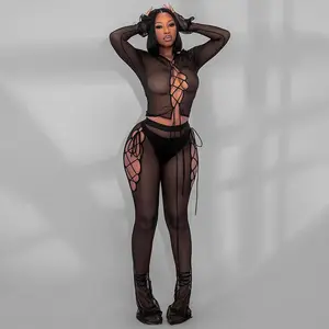 Dropship fall 2023 2023 boutique club wear hollow out sexy mesh two piece pants set