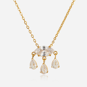 Collier pendentif en zircon blanc, forme goutte d'eau, serti clos, pour usage quotidien et soirées, chaîne de clavicule en acier inoxydable - Product Image 1