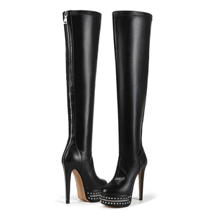 Botas Altas por Encima de la Rodilla para Mujer, Talla Grande 45, Plataforma Gruesa, Cierre Trasero, Remaches Metálicos, Punta Redonda - Product Image 1