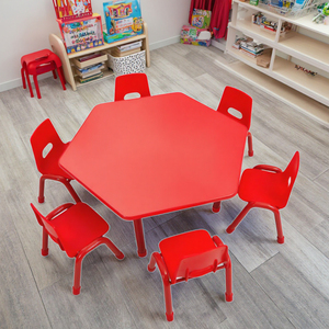 Durable Hexagon Plastic Tables Chair Set Ergonomic Nursery School Desks for Kindergarten Multi-Color Furniture for Kids